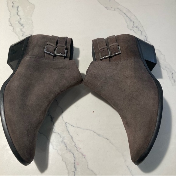 SAM EDELMAN Sz 10 Petal  Suede Cool Brown Buckle Stacked Heel Booties - Picture 4 of 14